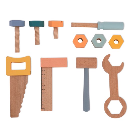 סט כלי עבודה מעץ 11 חלקים - Wooden Tool set 11 pcs - צבעוני - Colorful