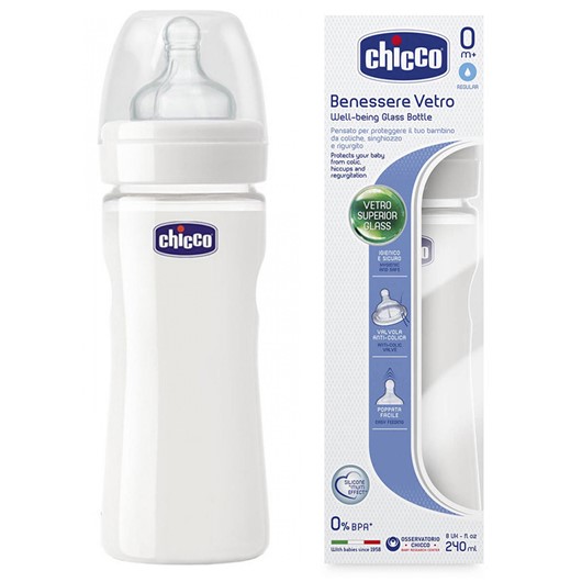 בקבוק זכוכית פטמת סיליקון - Well Being Glass Bottle - +0M בקבוק 240 מ"ל זרימה רגילה